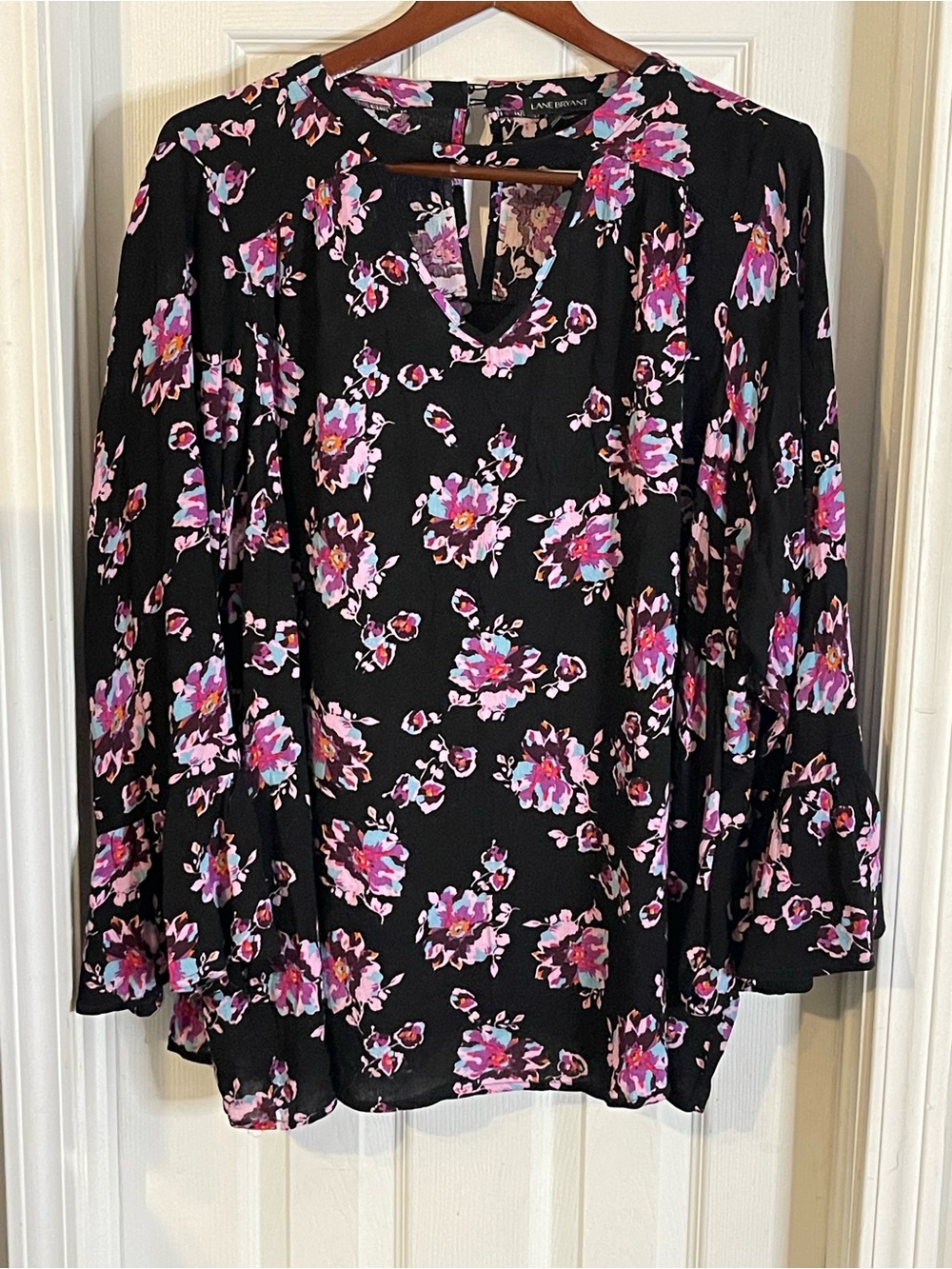 Lane Bryant Black Keyhole Neckline Blouse with Pink & Purple Floral Print